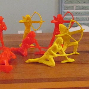 Vintage  Red Yellow Cowboys and Indians Figurine Lot of 9 .Toy. Pretend Play. Kids Play Toy. 1980 Toys. Plastic Cowboy and Indians
