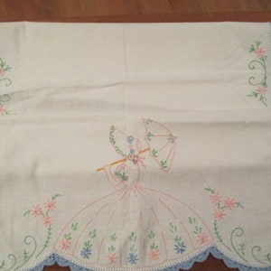 Vintage Embroidery Table Vanity Scarf. Shabby Chic Vanity Decor. Farmhouse Decor. Chippy Decor. Dresser Decor. Sewing Supply. Crafting
