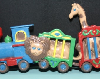 Vintage Nursery Train with Animals ( Lion and Giraffe) Circus, Burwood, Wall Hanging, Plaque, Child's Room, Decor, Made in USA