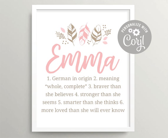 Tribal personalized baby shower gift Feathers nursery wall art Boho baby girl name art printable First name digital download