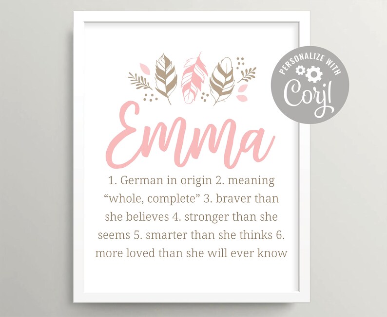 Tribal personalized baby shower gift Feathers nursery wall art Boho baby girl name art printable First name digital download