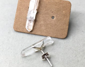 Quartz crystal points ,Studs Earrings, Rough, Raw Stone, Sterling Silver, 925