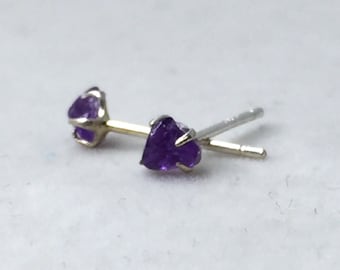 Tiny Amethyst Studs Earrings, Rough, Raw Stone, Sterling Silver, 925