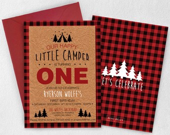 Happy Camper Birthday Invitation | Camping Invitation | Sleepover invitation | Rustic Invitation | Flannel Invitation | Tent Invitation