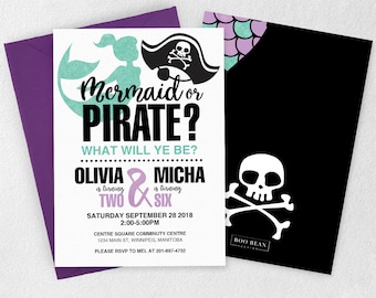 Sibling Birthday Invitation, Pirate Invitation, Mermaid Invitation, Twin Invitation, Mermaid, Pirate, Boy and Girl Invitation, Gold Mermaid