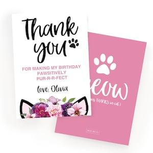 Cat Thank You Card, Pink Kitty, Cat Party, Kitty party, Cat Face, Cat Floral, Kitty Birthday, Cat Birthday, Pink cat Invitation