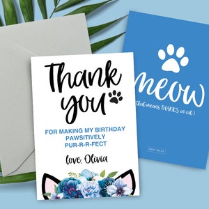 Blue Cat Thank You Card, Blue Kitty, Cat Party, Kitty party, Cat Face, Cat Floral, Kitty Birthday, Cat Birthday, Pink cat Invitation