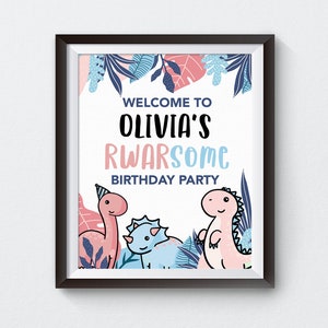 Girls Cartoon Dinosaur Welcome Sign, Dinosaur Sign, Boys Dino Poster, Dinosaur Birthday Party, T-rex Welcome,Stegosaurus, Welcome Sign