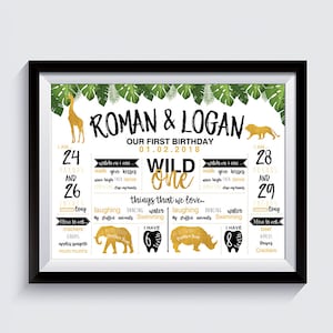 Twins Gold Safari, Wild One, Pizarra de primer cumpleaños, Pizarra Twins Safari, Póster personalizado, Pizarra de cumpleaños, Pizarra para niños