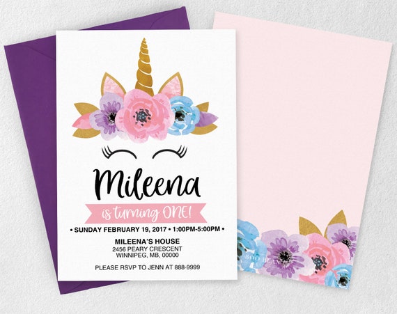 Floral Unicorn Horn Invitation Unicorn Invitation with Flowers Gold Horn Unicorn Party Invitation Unicorn Horn Invitation
