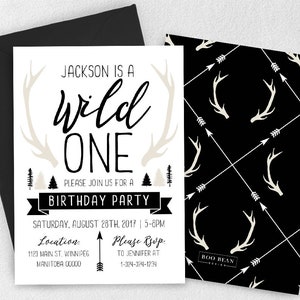 Modern Wild One First Birthday Invitation, Antler invitation, Wild One, Wild One Party, Wild One Birthday, Antler. Arrows, Wild Time