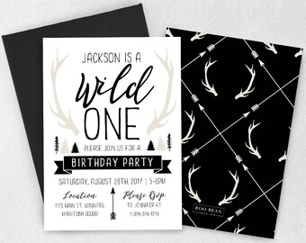 Modern Wild One First Birthday Invitation, Antler invitation, Wild One, Wild One Party, Wild One Birthday, Antler. Arrows, Wild Time