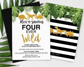 Tropical Dinosaur, Four Ever Wild, Birthday Invitation, Gold Dinosaur Invitation, Boys invitation, Dinosaur Birthday Party, Dino Invitation