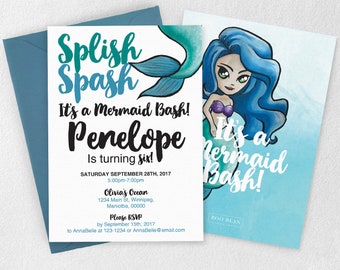 Splish Splash Mermaid Birthday Invitation, Mermaid Invitation, Mermaid Party, Under the sea, mermaid Party Invitation, swim party