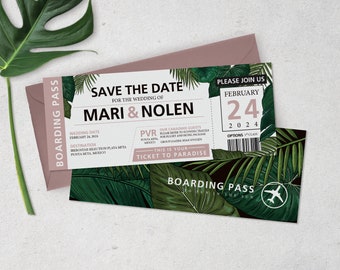 Tropical Destination Boarding Pass, Save The Date Invitation, Tropical Invitation, Boarding Pass, Ticket, Save the Date Ticket