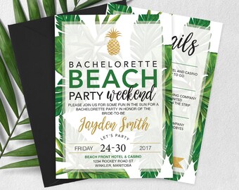 Gold Pineapple Beach Bachelorette Invitation Tropical Leaves | Bachelorette Invitation | Bachelorette Party | Beach party | Tropical Party