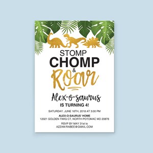 Tropical Dinosaur Birthday Invitation, Gold Dinosaur Invitation, Boys invitation, Dinosaur Birthday Party, Dino Invitation, Dinosaur Party image 3