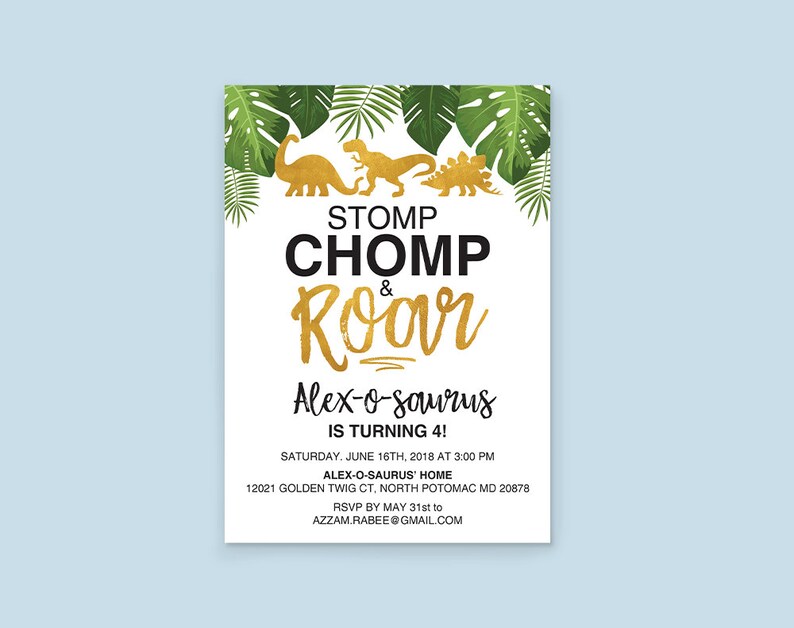 Tropical Dinosaur Birthday Invitation, Gold Dinosaur Invitation, Boys invitation, Dinosaur Birthday Party, Dino Invitation, Dinosaur Party image 3