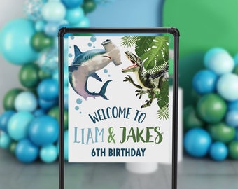 Dino Shark Welcome Sign, Dinosaur Shark Birthday, Shark Birthday, Twin Birthday Party, Dino Party, Boy and Girl Party