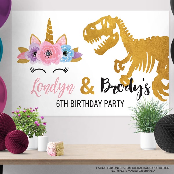 Sibling Birthday Cake Table Backdrop Design, Dinosaur Backdrop, Unicorn, Twin Backdrop, Dino, Boy and Girl Party, Sibling Banner, Unicorn