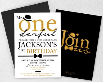 Gold Mr ONEderful Birthday Invitation, Little Man Birthday Invitation, Bowtie invitation, Mr. onederful Birthday, Boys Birthday