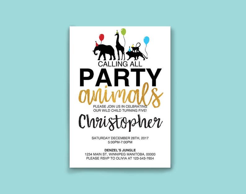 Calling All Party Animals, Birthday Invitation, Zoo Birthday Invitations, Safari Themed Party, Animal invitation, Wild One Invite, Boy image 3