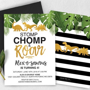 Tropical Dinosaur Birthday Invitation, Gold Dinosaur Invitation, Boys invitation, Dinosaur Birthday Party, Dino Invitation, Dinosaur Party image 1