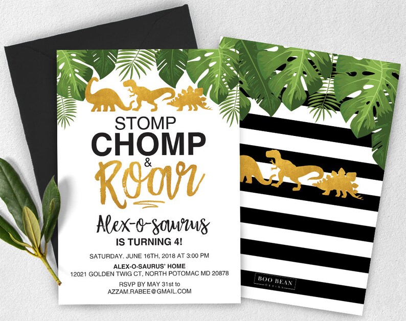 Tropical Dinosaur Birthday Invitation, Gold Dinosaur Invitation, Boys invitation, Dinosaur Birthday Party, Dino Invitation, Dinosaur Party image 1