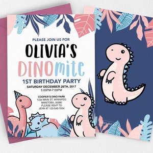 Girls Cartoon Dinosaur Birthday Invitation, Girls Dinosaur Invitation, invitation, Dinosaur Birthday Party, Dino Invitation, Dinosaur Party