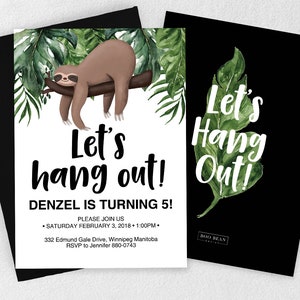 Sloth Birthday Invitation, Sloth Invitation, Invitation, Sloth Birthday Party, Tropical Sloth, Let's Hang Out, Zoo Invitation, Boy Sloth