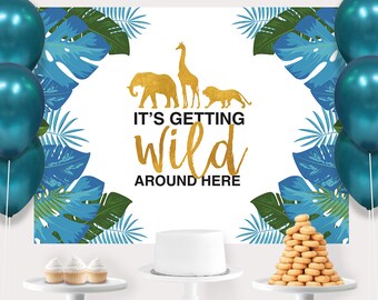 Blue Tropical Safari Background Design, Wild One Cake Table, Safari Sign, Wild One, Safari backdrop, Jungle backdrop,Wild one backdrop