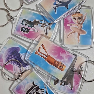 Può includere: Una collezione di portachiavi in acrilico trasparente con vari disegni di cartoni animati. I portachiavi presentano immagini di una ballerina in una tazza di caffè, uno squalo, uno scheletro con un telefono, una medusa e altri personaggi stravaganti. Ogni portachiavi ha un anello di metallo argentato.