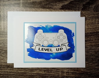 SALE Gamer Birthday Card, Level Up, Gamer Greetings, Card for retro gamer, gaming phrase, vintage computer game