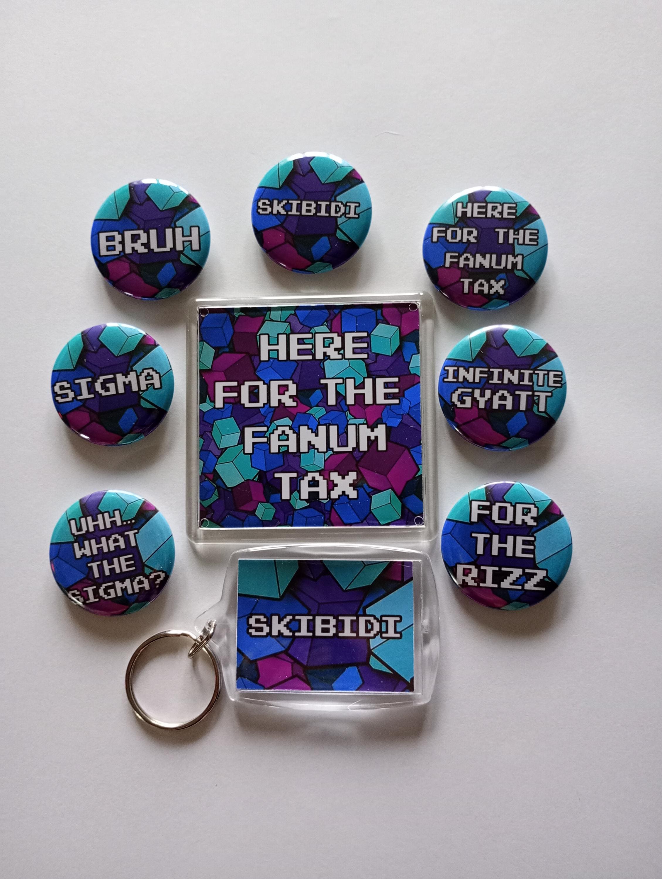 Meme inspired gift set, gift for teens, skibidibadge, what the sigma, gyatt, sigma accessory, rizz up accessory, bruh keyring, sus magnet