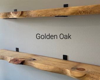 Live Edge Rustic Look Solid Wood Shelf in Custom Sizes with Iron Brackets