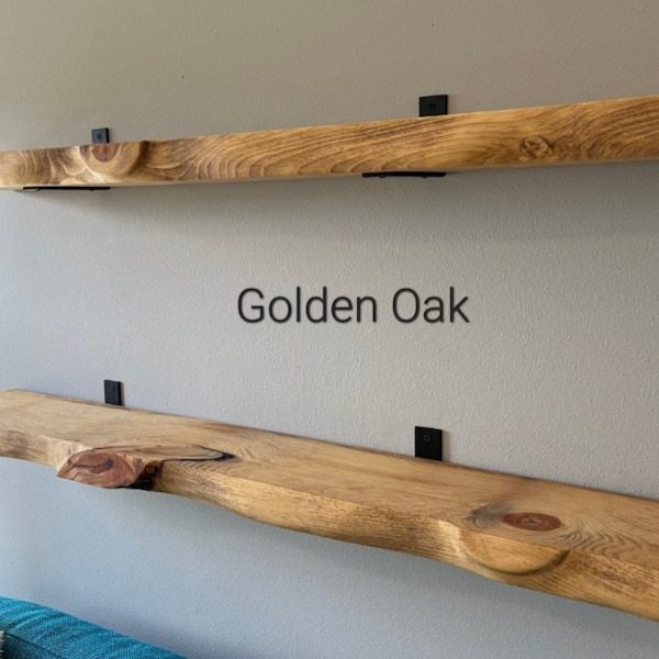 Live Edge Rustic Look Solid Wood Shelf in Custom Sizes with Iron Brackets