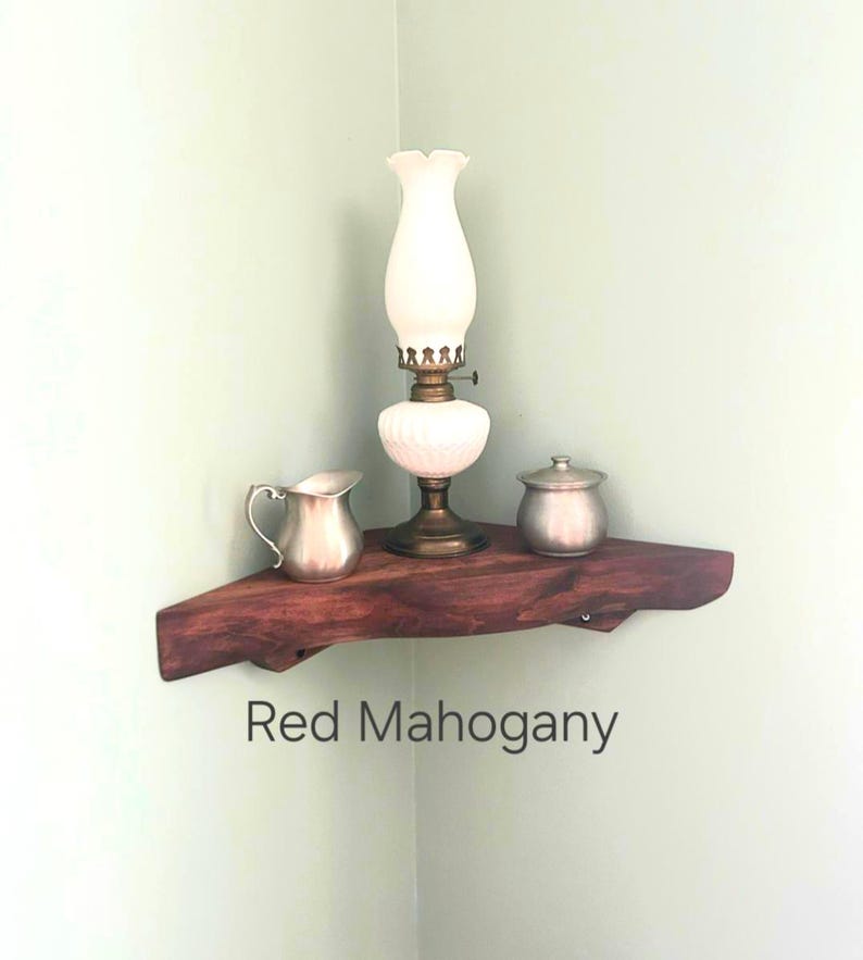 Live Edge Hand Carved Solid Wood Corner Shelf: Open Back Cord Access image 5