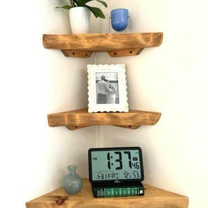 Live Edge Hand Carved Solid Wood Corner Shelf: Open Back Cord Access