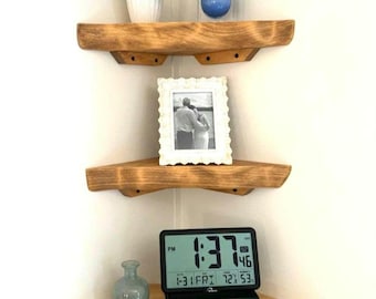 Live Edge Hand Carved Solid Wood Corner Shelf: Open Back Cord Access