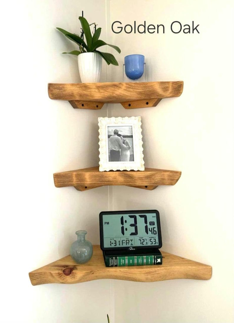 Live Edge Hand Carved Solid Wood Corner Shelf: Open Back Cord Access image 1