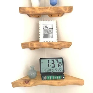 Live Edge Hand Carved Solid Wood Corner Shelf: Open Back Cord Access Golden Oak