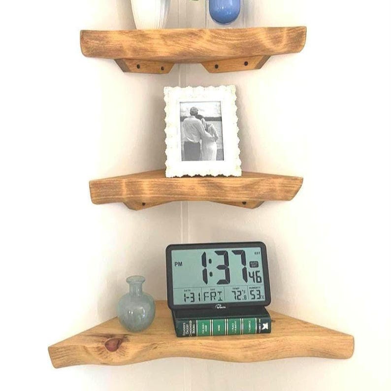 Live Edge Hand Carved Solid Wood Corner Shelf: Open Back Cord Access Golden Oak