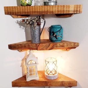 Live Edge Hand Carved Solid Wood Corner Shelf: Open Back Cord Access image 11