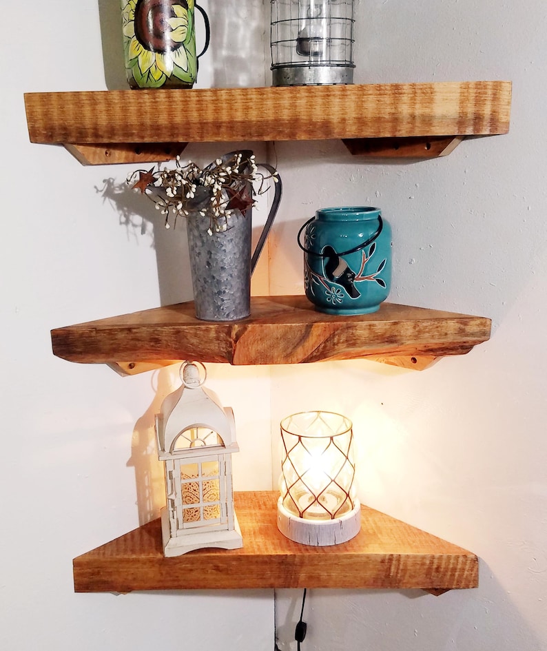 Live Edge Hand Carved Solid Wood Corner Shelf: Open Back Cord Access image 11