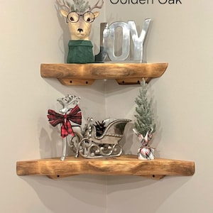 Live Edge Hand Carved Solid Wood Corner Shelf: Open Back Cord Access image 6