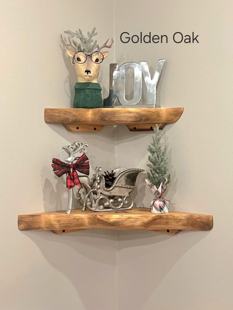 Live Edge Hand Carved Solid Wood Corner Shelf: Open Back Cord Access image 6