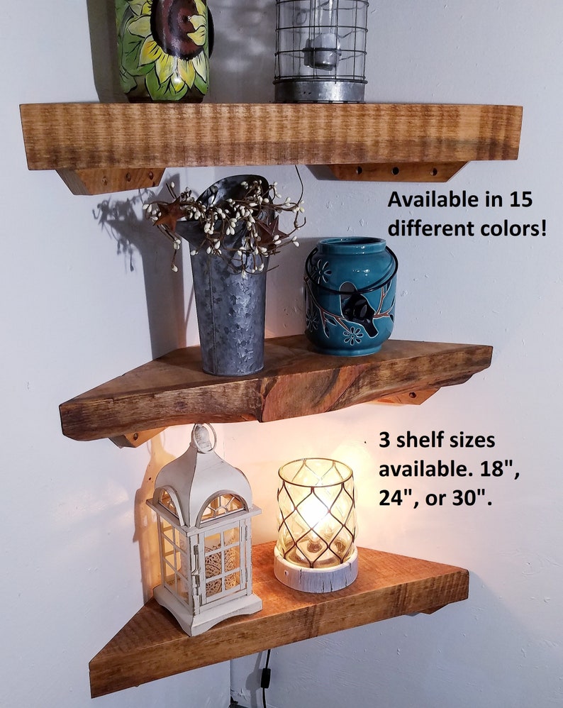 Rustic Re-Purposed Solid Wood Floating Corner Shelf with open back for electrical cords! (more colors and sizes available!) 