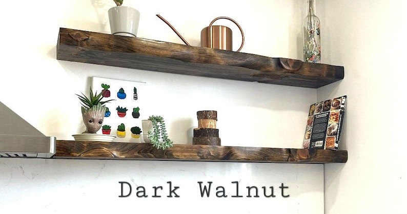 Live Edge Look Solid Wood Floating Shelf: Hand Carved Custom Colors and Sizes Dark Walnut