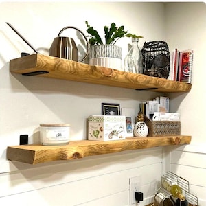 Live Edge Look Solid Wood Shelf with Brackets: Hand Carved Custom Color and Sizes