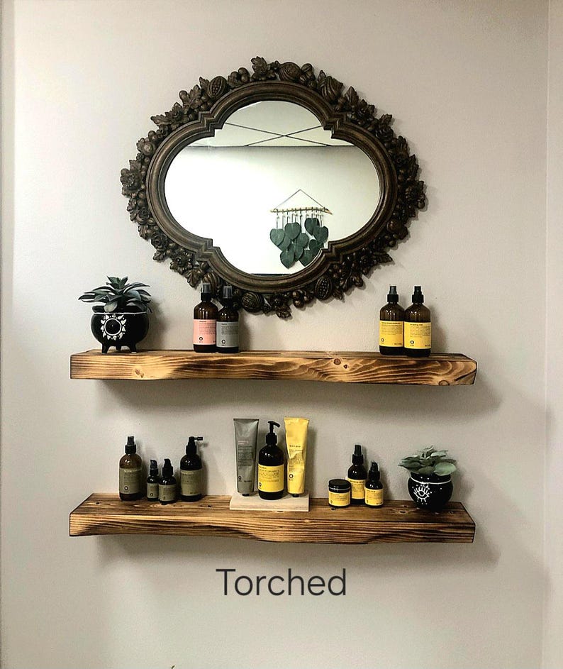 Rustic Curved Edge Solid Wood Floating Shelves: Set of Two 24" Torched